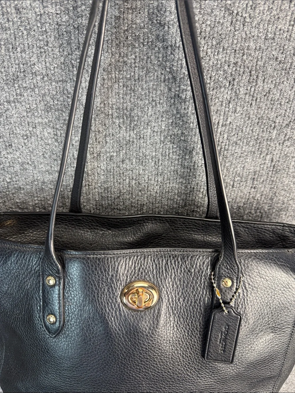 Coach Black Pebbled Soft Leather Turnlock Tote with Gold Hardware - Nice!